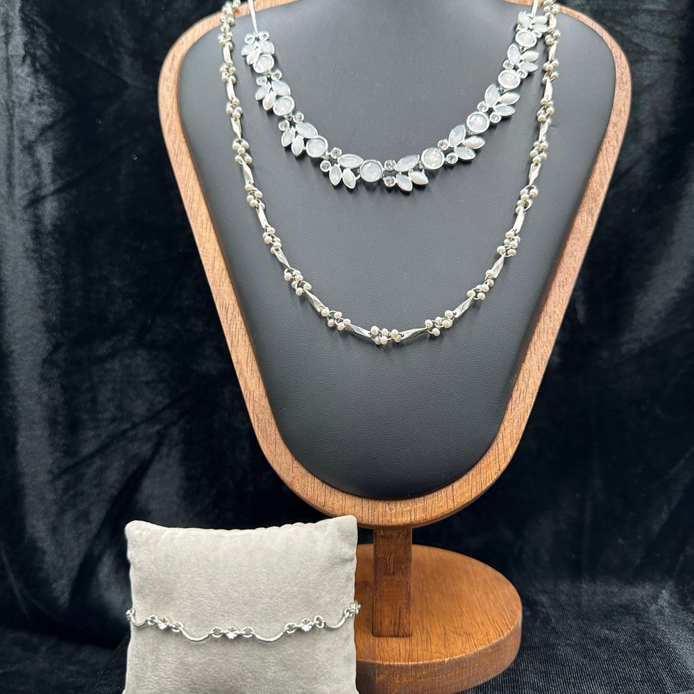 Ethereal Silver Tone Jewelry Lot Moonstone Cabochon Seed Pearl Necklace Bracelet